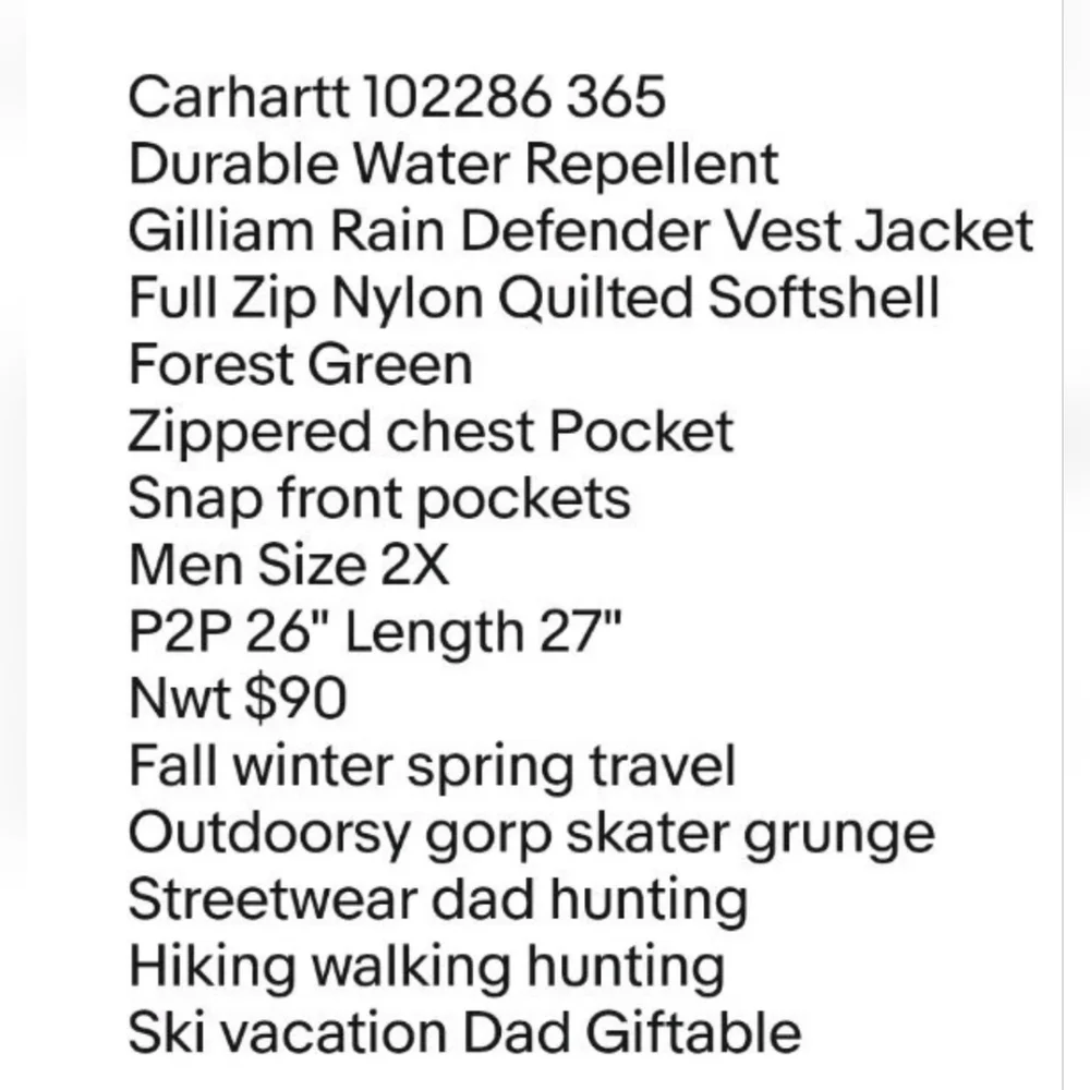 Carhartt Gilliam Rain Defender Vest Jacket Men 2X Green Full Zip Softshell Nwt